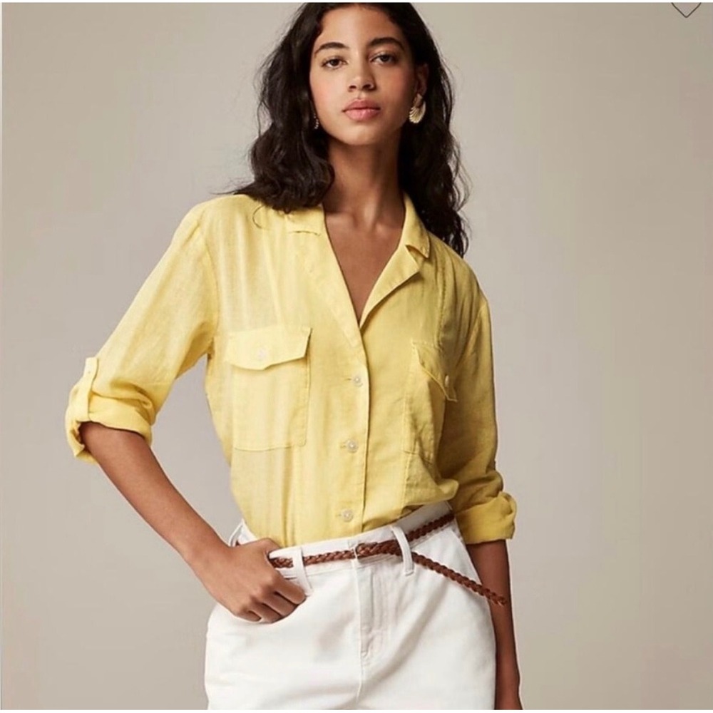 J.Crew Camp Collar Shirt in Featherweight Linen Blend Yellow Size 4 Coastal